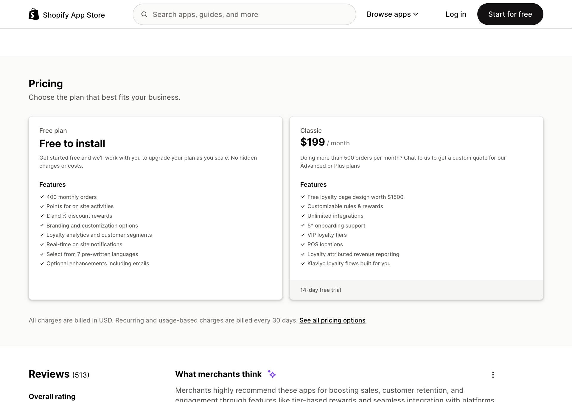 LoyaltyLion pricing section in the Shopify App Store showing a free plan and a $199 Classic plan