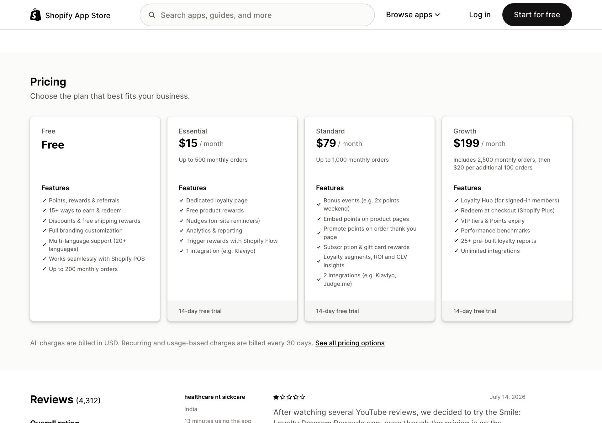 Smile pricing section in the Shopify App Store showing Free, Essential $15, Standard $79 and Growth $199 plans